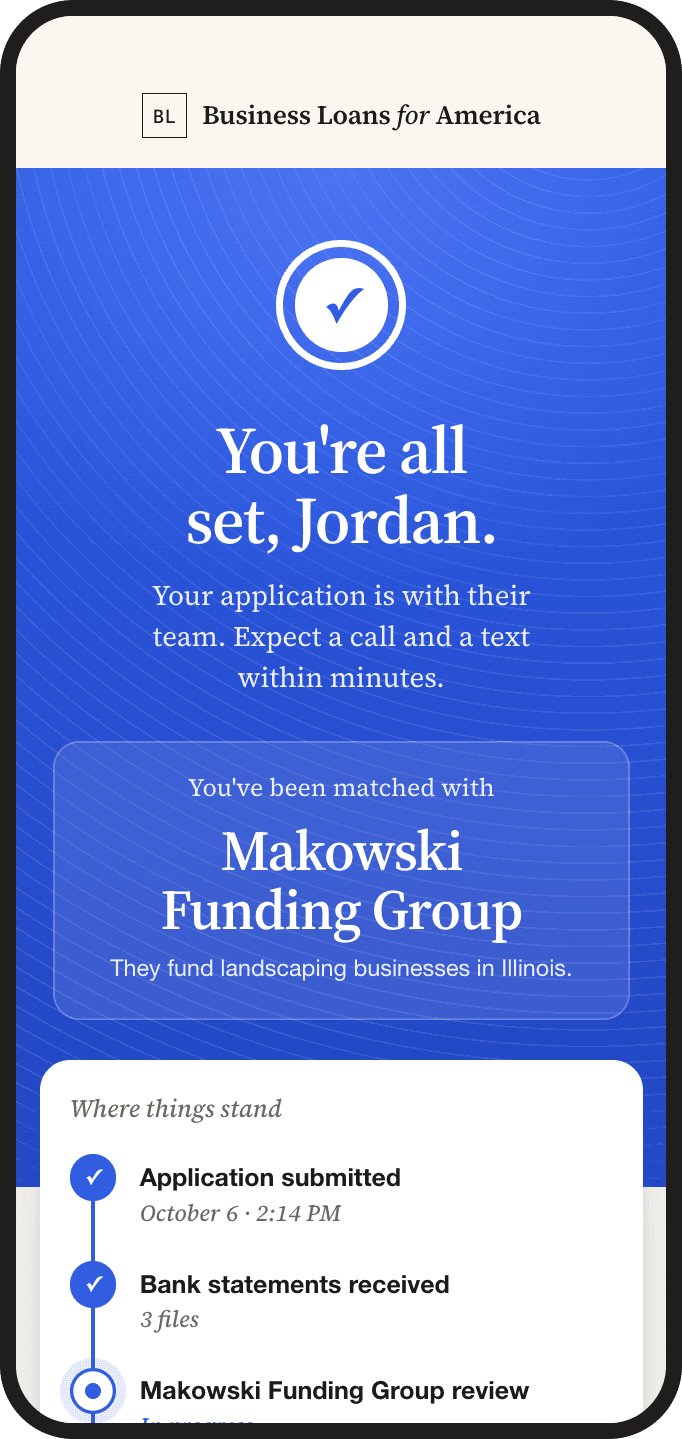 The merchant's confirmation screen: you've been matched with your brokerage