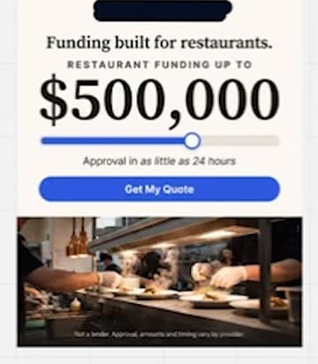 Static ad: "Funding built for restaurants. Restaurant funding up to $500,000. Approval in as little as 24 hours. Get my quote", above a photo of a restaurant kitchen.