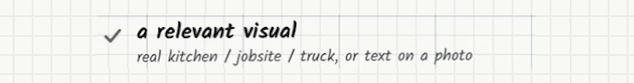Whiteboard line with a green tick: “a relevant visual — real kitchen / jobsite / truck, or text on a photo”.