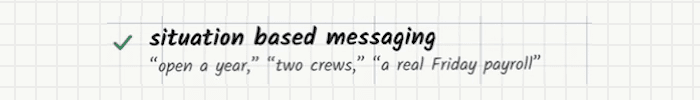 Whiteboard line with a green tick: “situation based messaging — ‘open a year,’ ‘two crews,’ ‘a real Friday payroll’”.