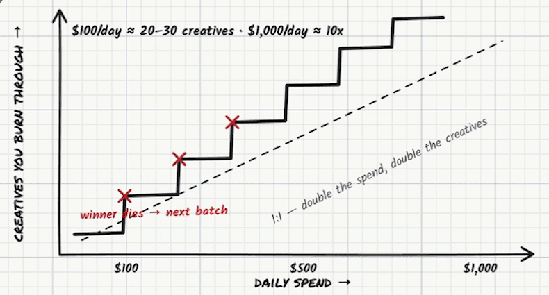 Whiteboard chart headed “$100/day ≈ 20–30 creatives · $1,000/day ≈ 10x”, with “creatives you burn through” on the vertical axis and “daily spend” from $100 through $500 to $1,000 on the horizontal. A dashed diagonal is labelled “1:1 — double the spend, double the creatives”; above it a black staircase climbs, each step marked with a red cross and the note “winner dies → next batch”.